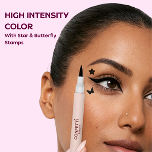 Teen model wearing Inked black graphic eyeliner stamp look by Confetti Beauty