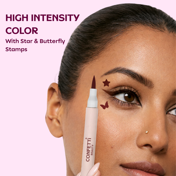 Close-up of Confetti Beauty Haloed brown eyeliner — precise felt-tip line on eye