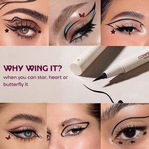 Model wearing Haloed soft brown graphic eyeliner with star stamp eye look