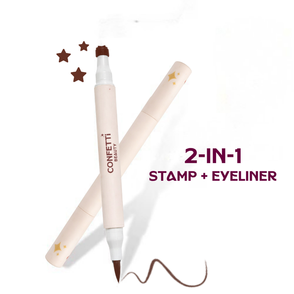 Confetti Beauty Haloed soft brown Plot Twist eyeliner lifestyle shot with graphic stamp