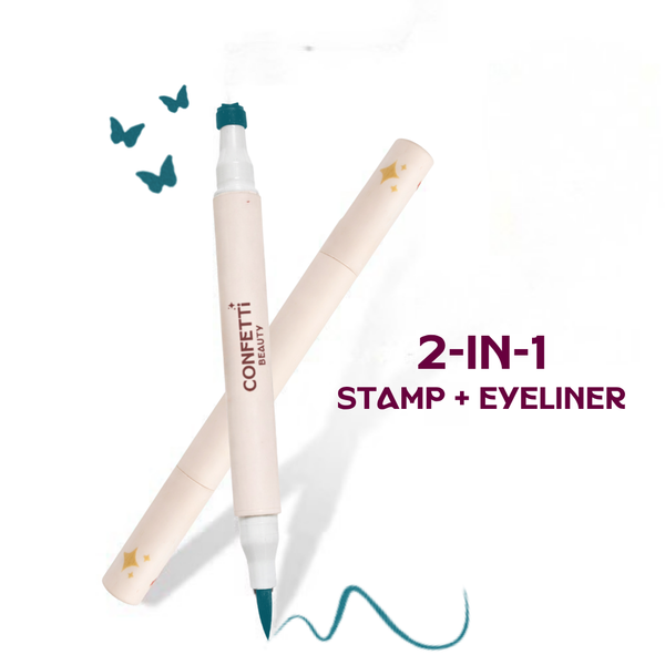 Teen model with Venom blue graphic liner stamp — Confetti Beauty Plot Twist eye art