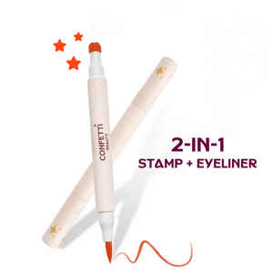 Teen model wearing Showgirl orange graphic liner stamp by Confetti Beauty — creative eye art