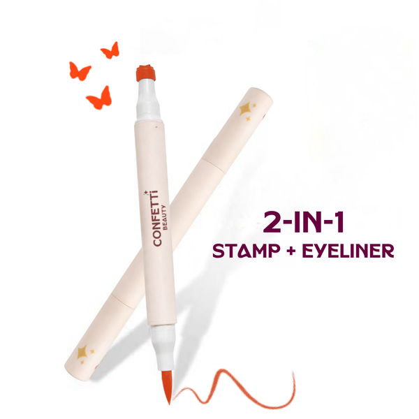 Model wearing Showgirl orange pop eyeliner with star stamp — teen-safe coloured liner India
