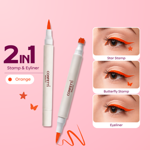 Close-up of Confetti Beauty Showgirl orange eyeliner stamp on eye