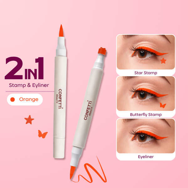 Close-up of Confetti Beauty Showgirl orange eyeliner stamp on eye