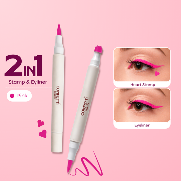 Close-up of Confetti Beauty Snapped hot pink eyeliner stamp on eye — graphic liner look