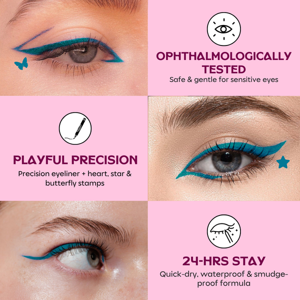Model wearing Confetti Beauty Venom peacock blue graphic eyeliner with stamp eye look