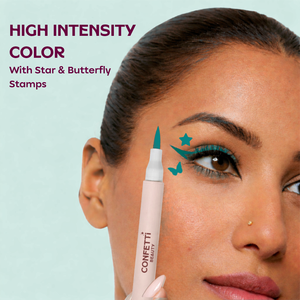 Close-up of Venom blue eyeliner stamp detail — heart, star or butterfly graphic stamp