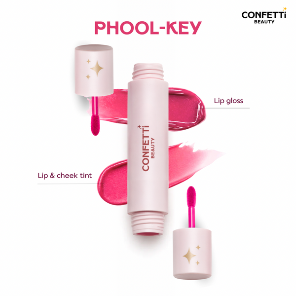 Confetti Beauty Phool-Key lip gloss and lip cheek tint set, featuring a light pink tube with gold star details, shown with its applicator and swatches of vibrant pink gloss and tint on a white background.