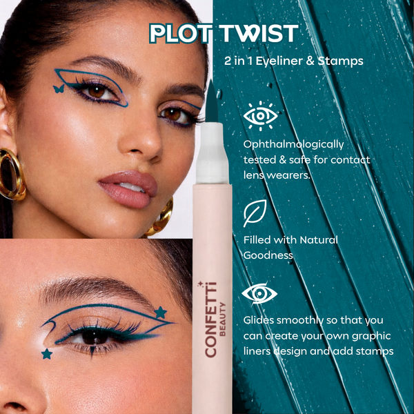 Confetti Beauty Venom peacock blue Plot Twist coloured eyeliner with stamp — product flat lay