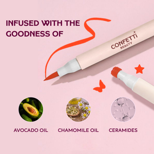 Model shot — Confetti Beauty Showgirl orange stamp eyeliner look, vegan and sensitive-eye safe