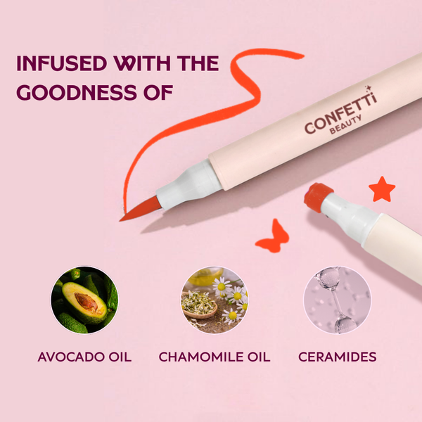 Model shot — Confetti Beauty Showgirl orange stamp eyeliner look, vegan and sensitive-eye safe
