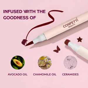 Confetti Beauty Haloed brown eyeliner model shot — graphic stamp eye art look