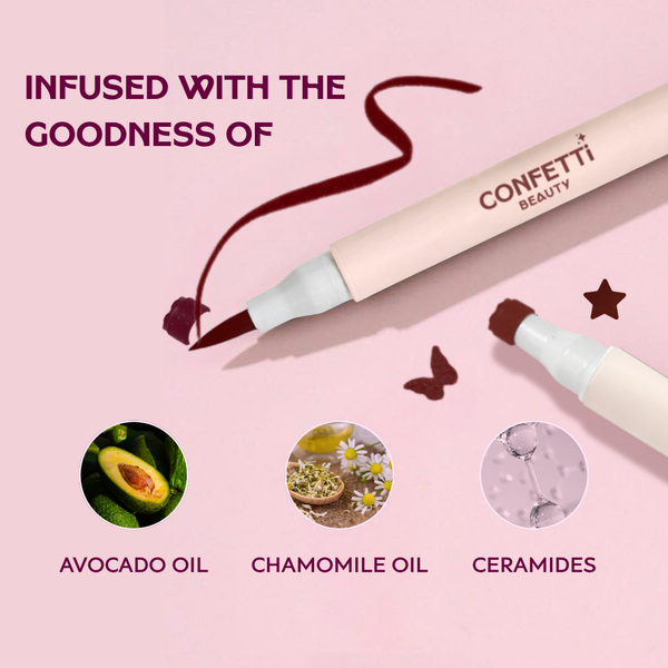 Confetti Beauty Haloed brown eyeliner model shot — graphic stamp eye art look