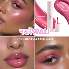 Model wearing Confetti Beauty Nakhrewali full face makeup look — English pink lip gloss and cheek tint